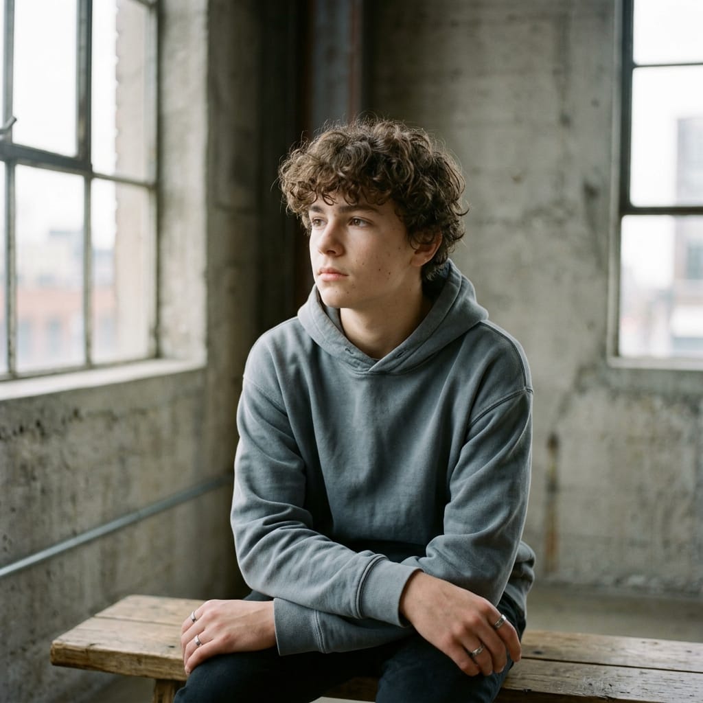 Teenager in hoodie looking away thoughtfully